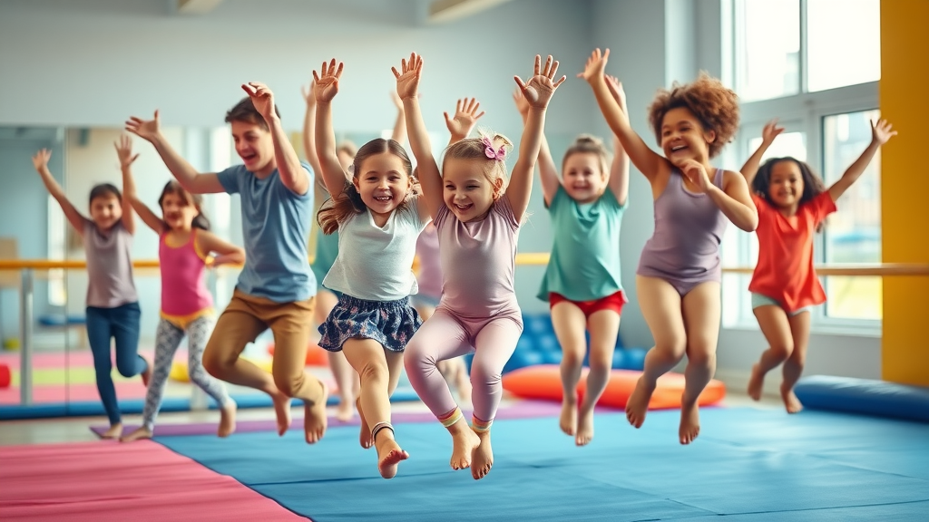 Happy kids at a safe gym for youth practicing gymnastics together.