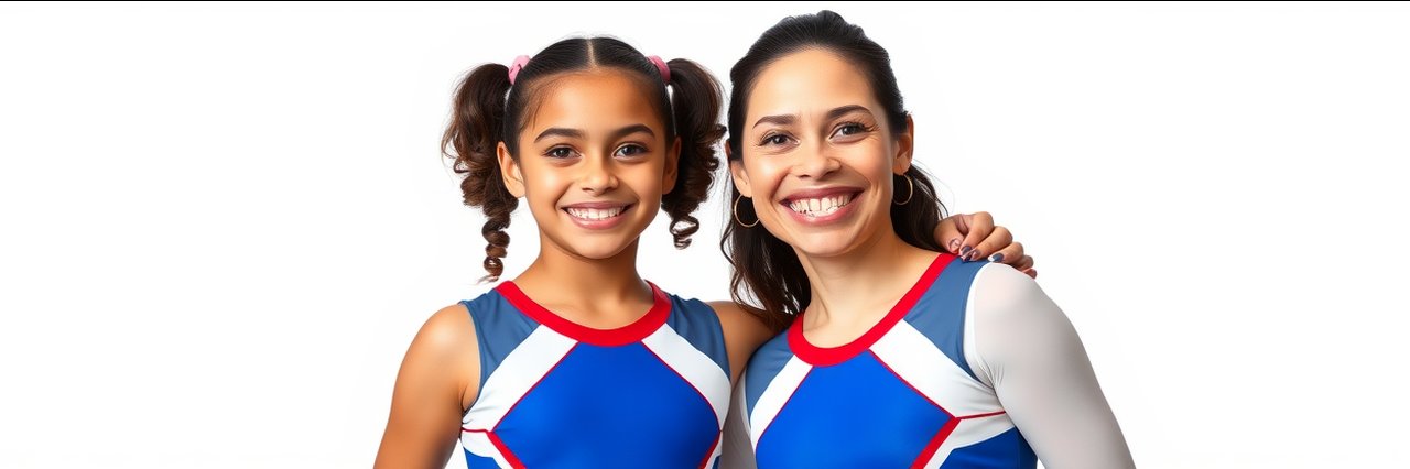 Happy child and adult in colorful gym attire, smiling, gym for youth.