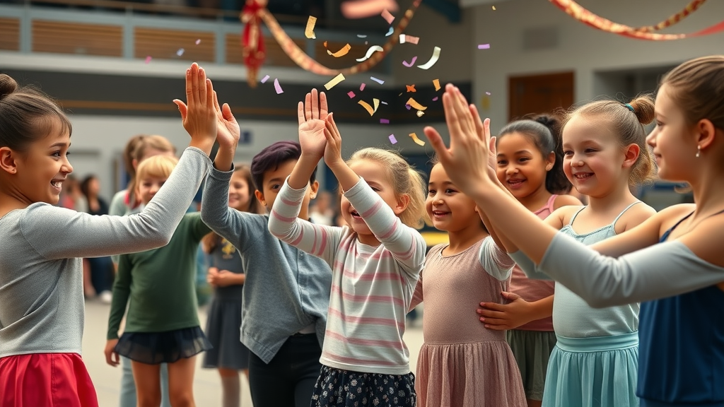 Smiling children celebrating achievements in a supportive gym for youth.