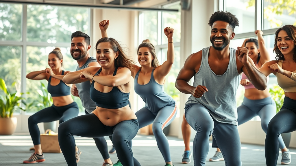 Diverse group exercising functional fitness movements in sunlit gym