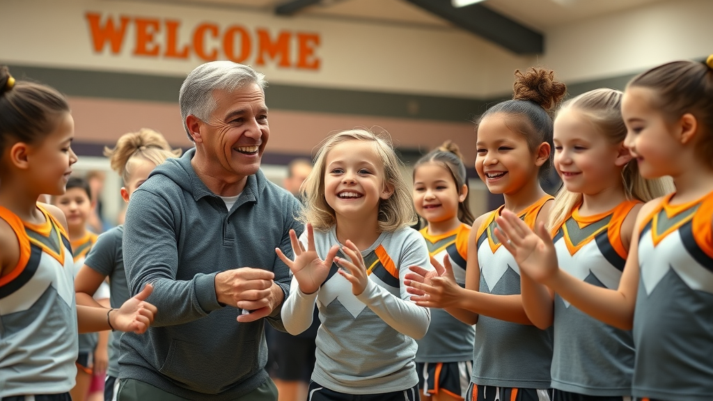 Coach guiding youth cheer team in colorful gym for youth facility.