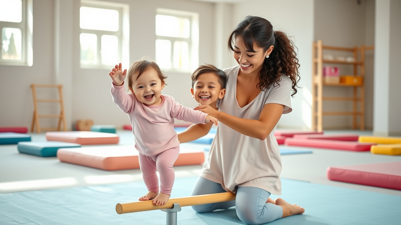 Parent and toddler bonding on padded mats at nurturing gym for youth.