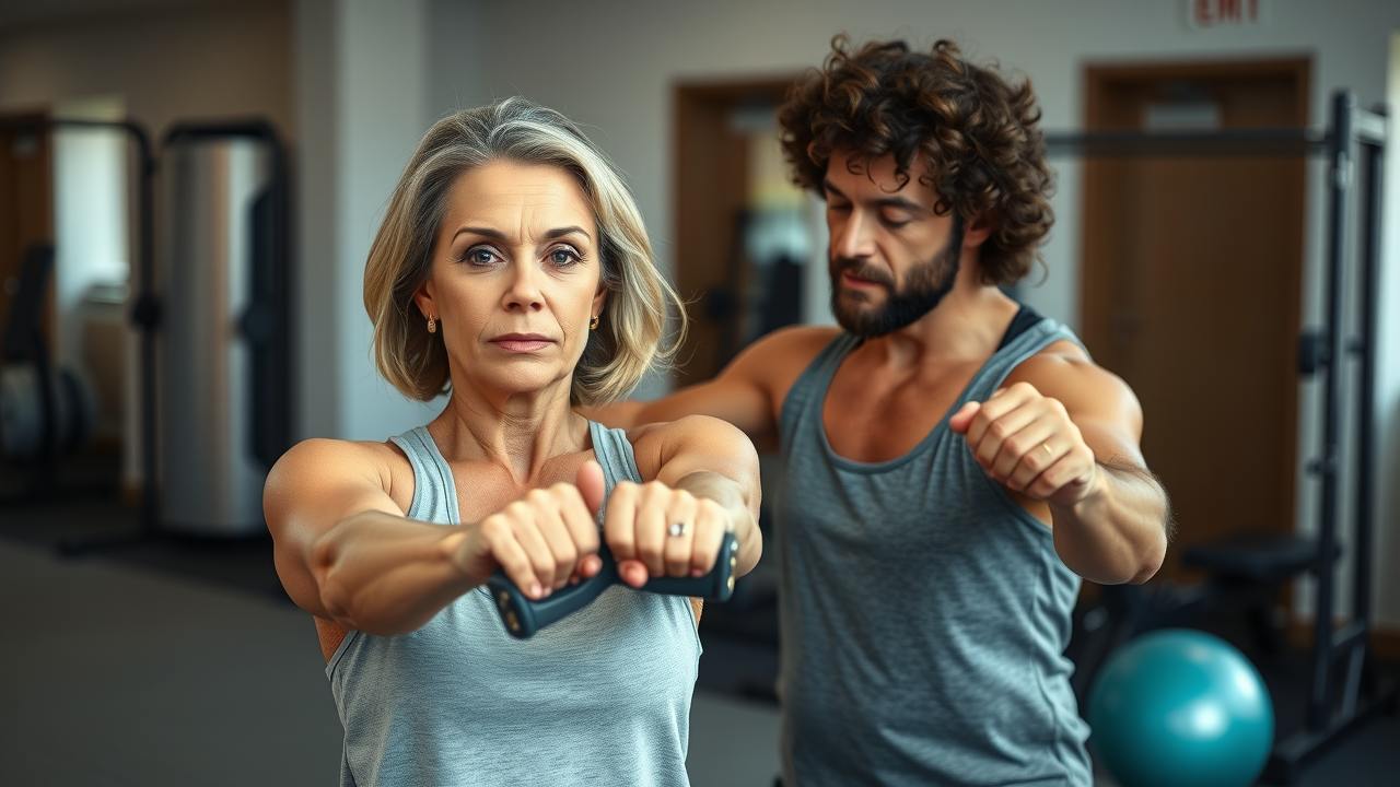Middle-aged woman using custom workout plan with trainer in private gym.